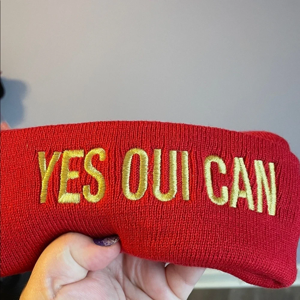 Juicy Couture “Yes Oui Can” Knit Embroidered Beanie Hat Red Gold